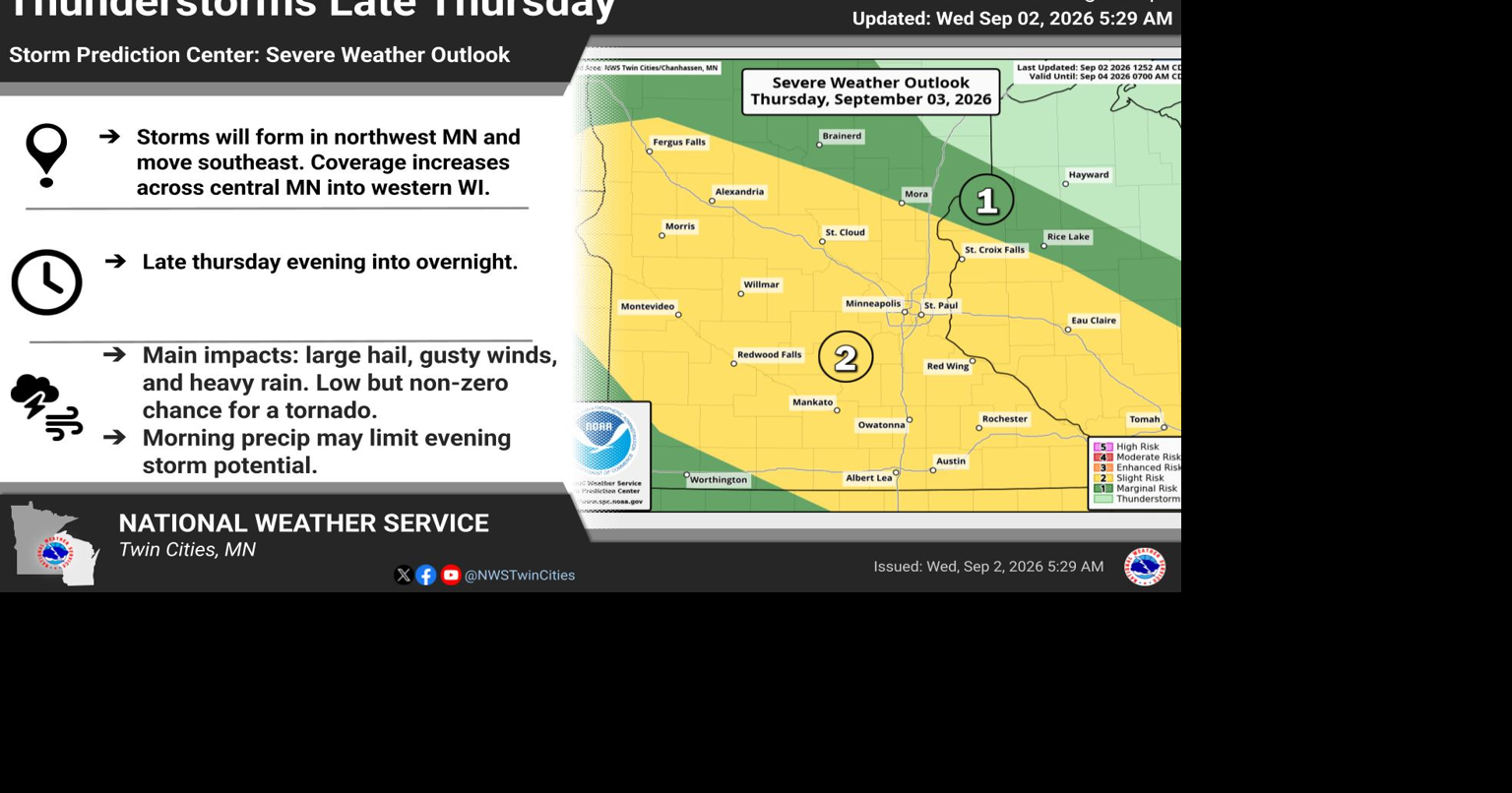 Storms are possible across parts of central and west central MN Thursday