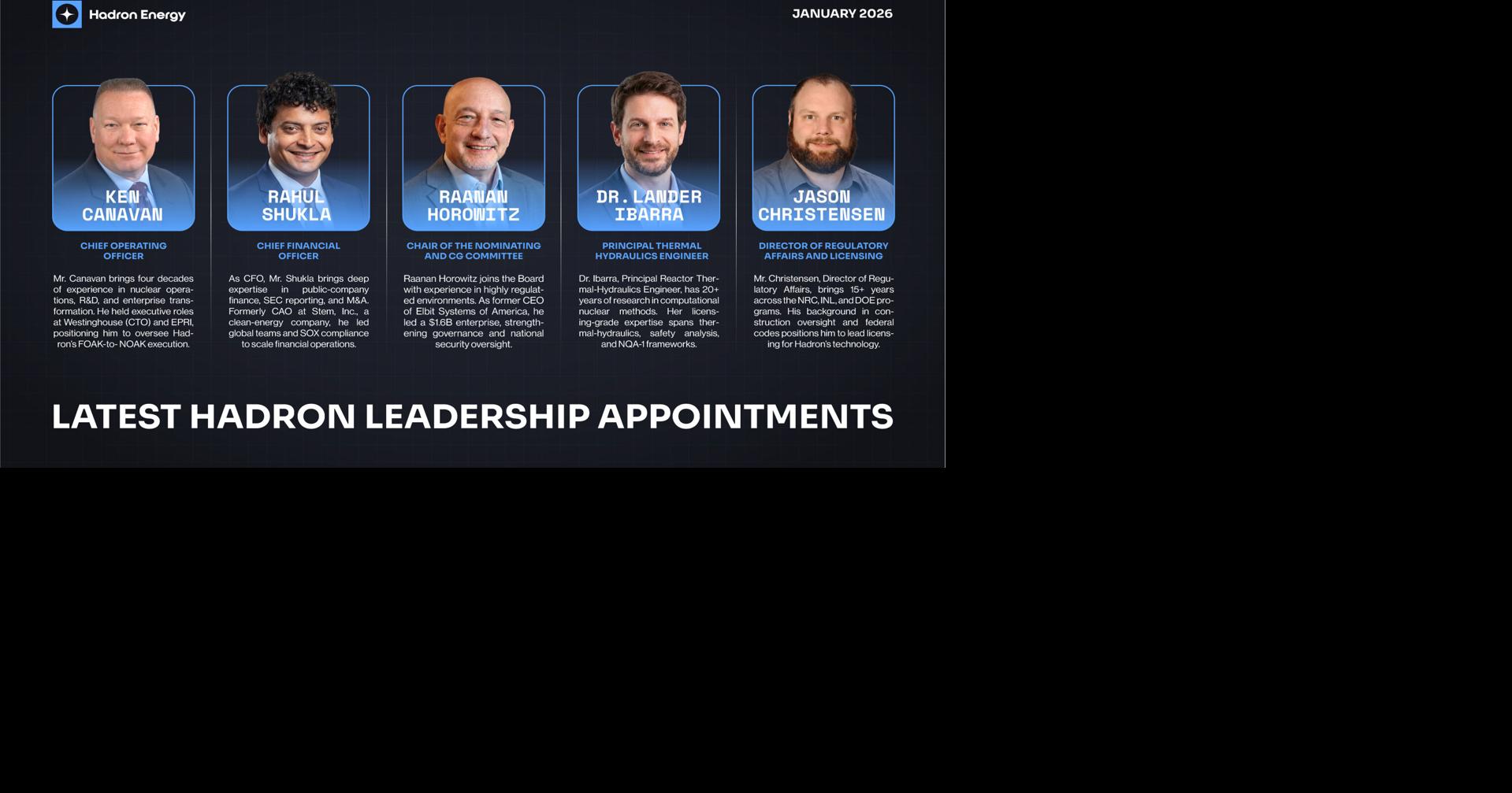 Hadron Energy Appoints Ken Canavan as Chief Operating Officer, Rahul Shukla as Chief Financial Officer, and Expands Technical, Regulatory, and Board Leadership