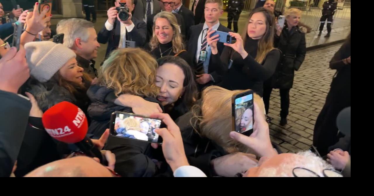 Winner of 2025 Nobel Peace Prize, María Corina Machado, greets supporters in Oslo