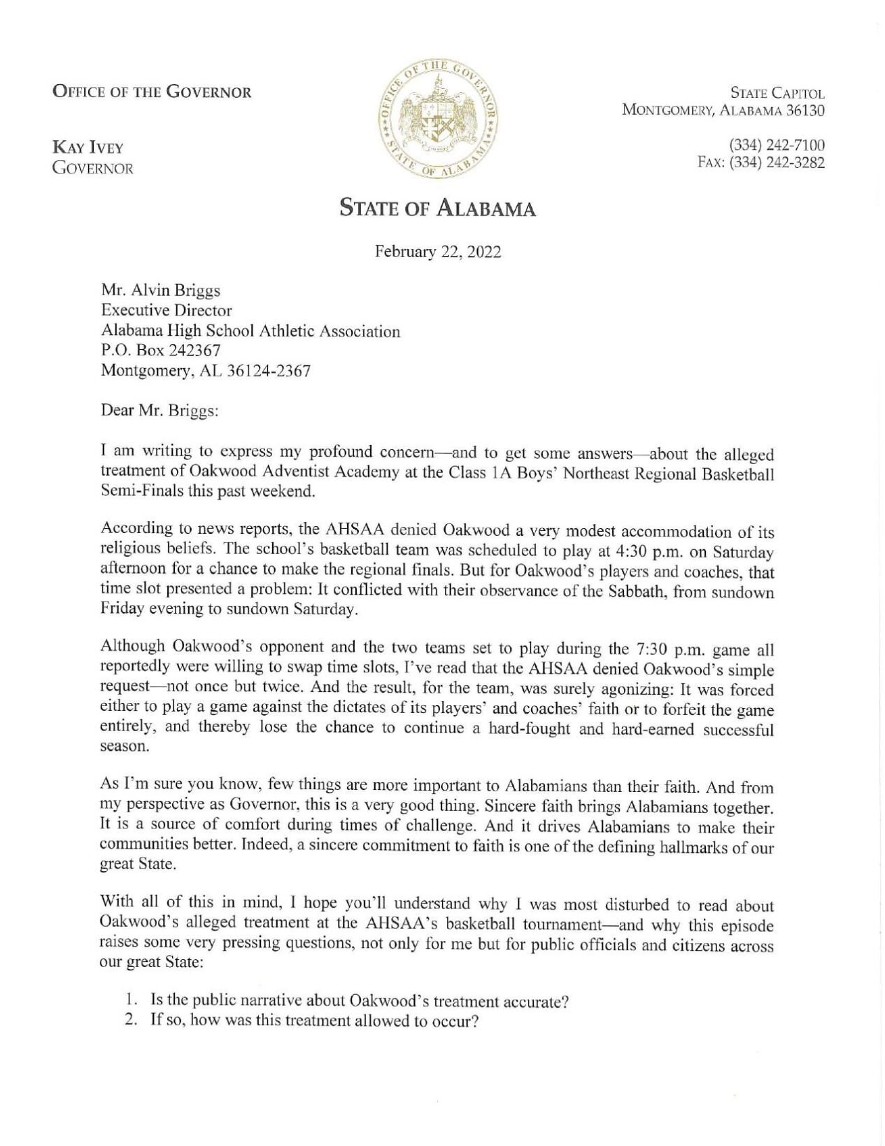 Gov. Kay Ivey letter to Alabama High School Athletic Association