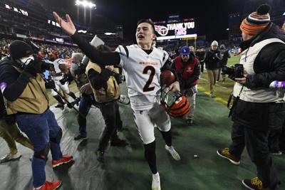 Cincinnati Bengals kicker Evan McPherson (2) celebrates a field goal  against the Tennessee Tita …