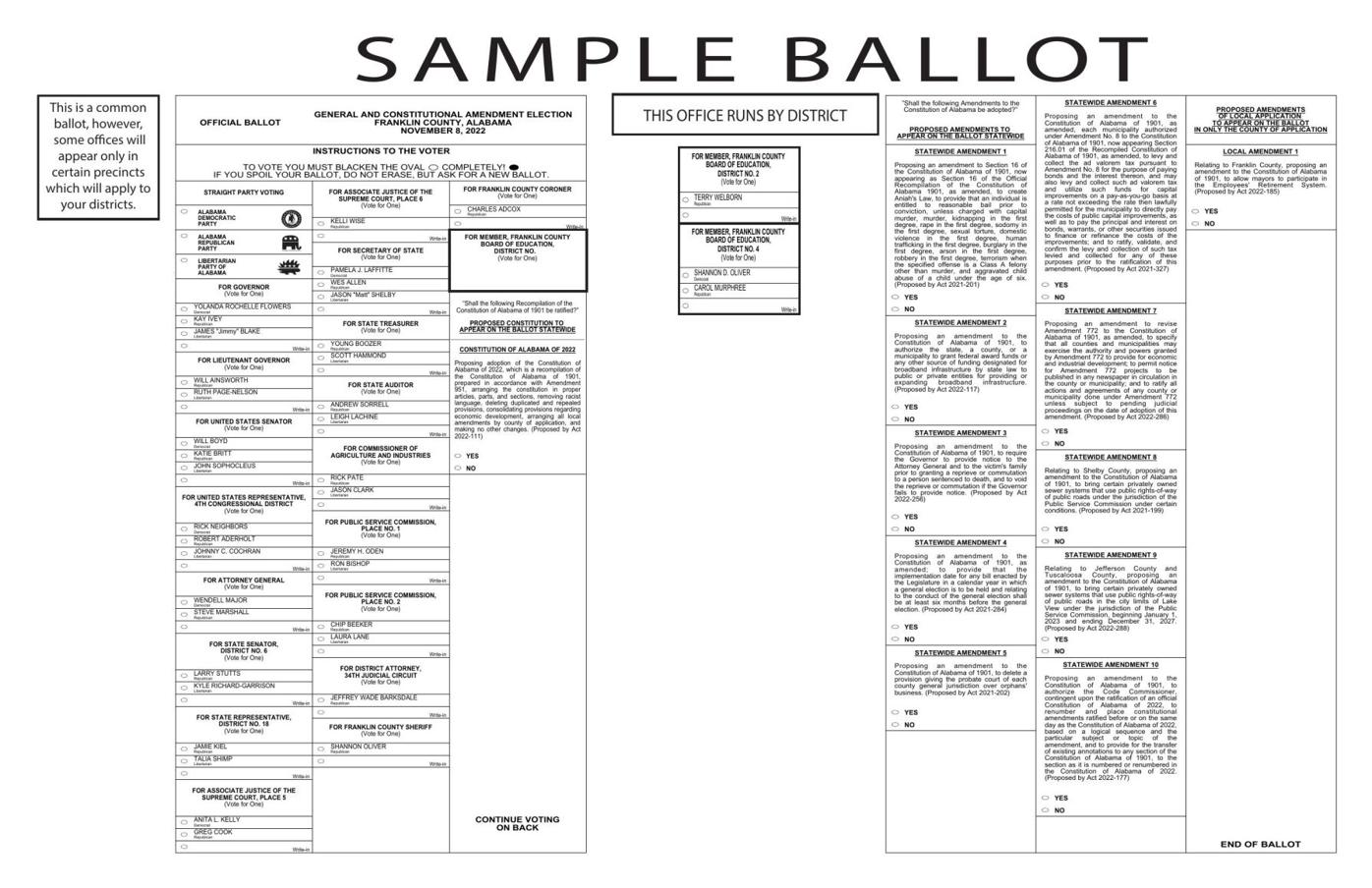 Franklin Co. Nov. 8 General Election Sample Ballot