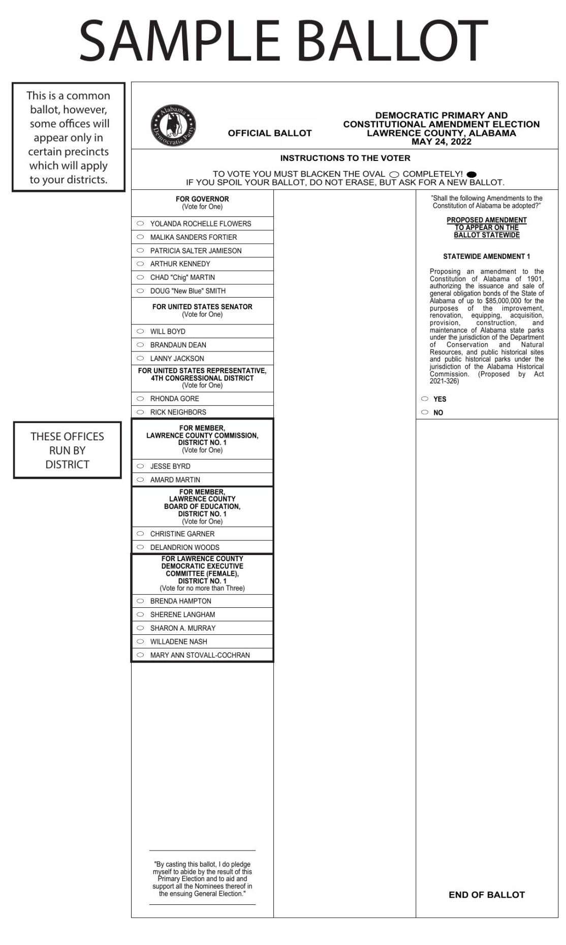 Lawrence County Sample Democrat Ballot May 2022