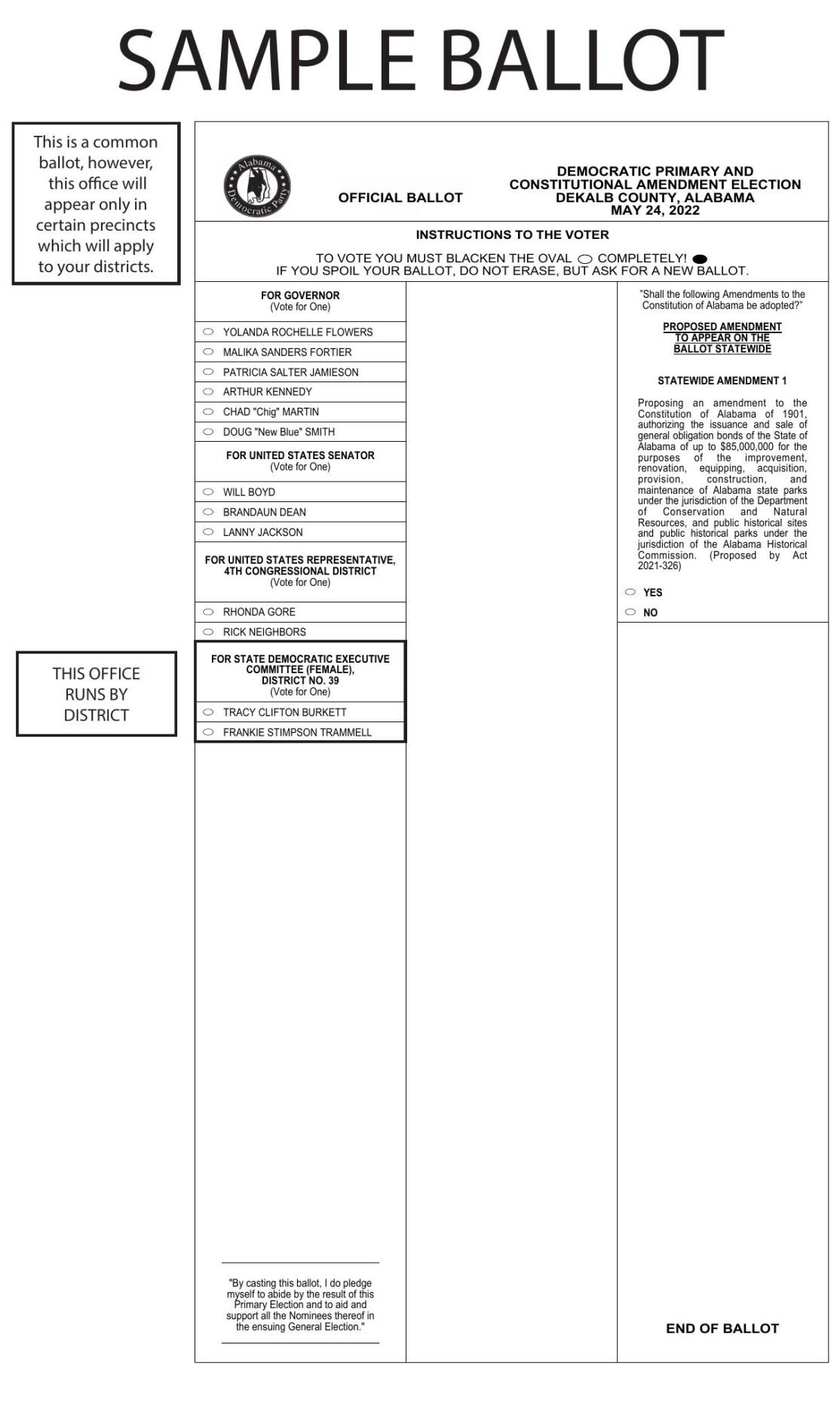 DeKalb County Sample Democrat Ballot May 2022