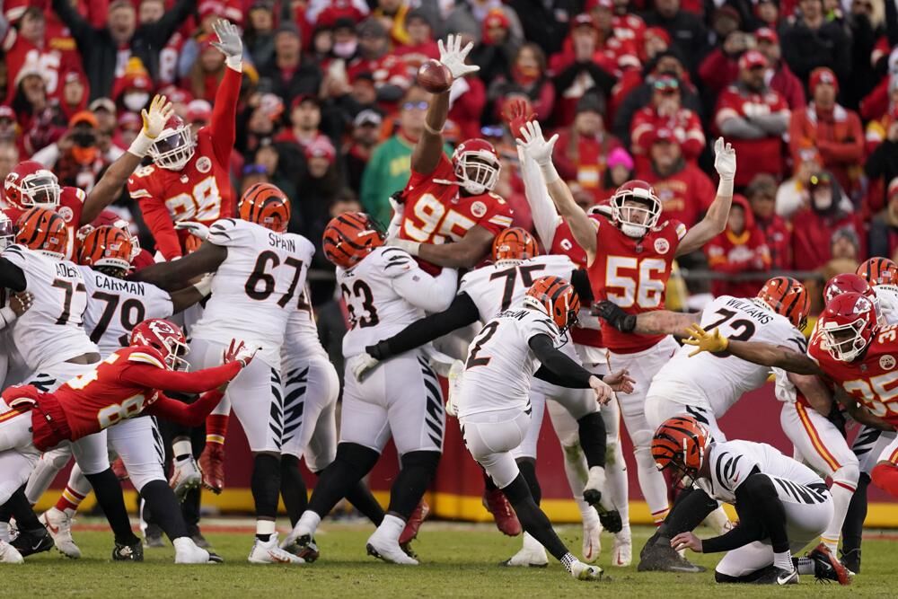 Cincinnati Bengals kicker Evan McPherson watches as his field goal