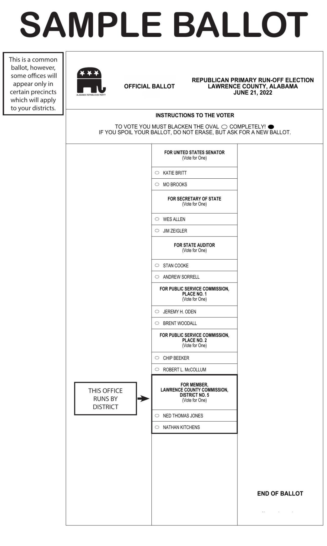 Lawrence Co. June 21 Primary Runoff Election Sample Ballot Republican