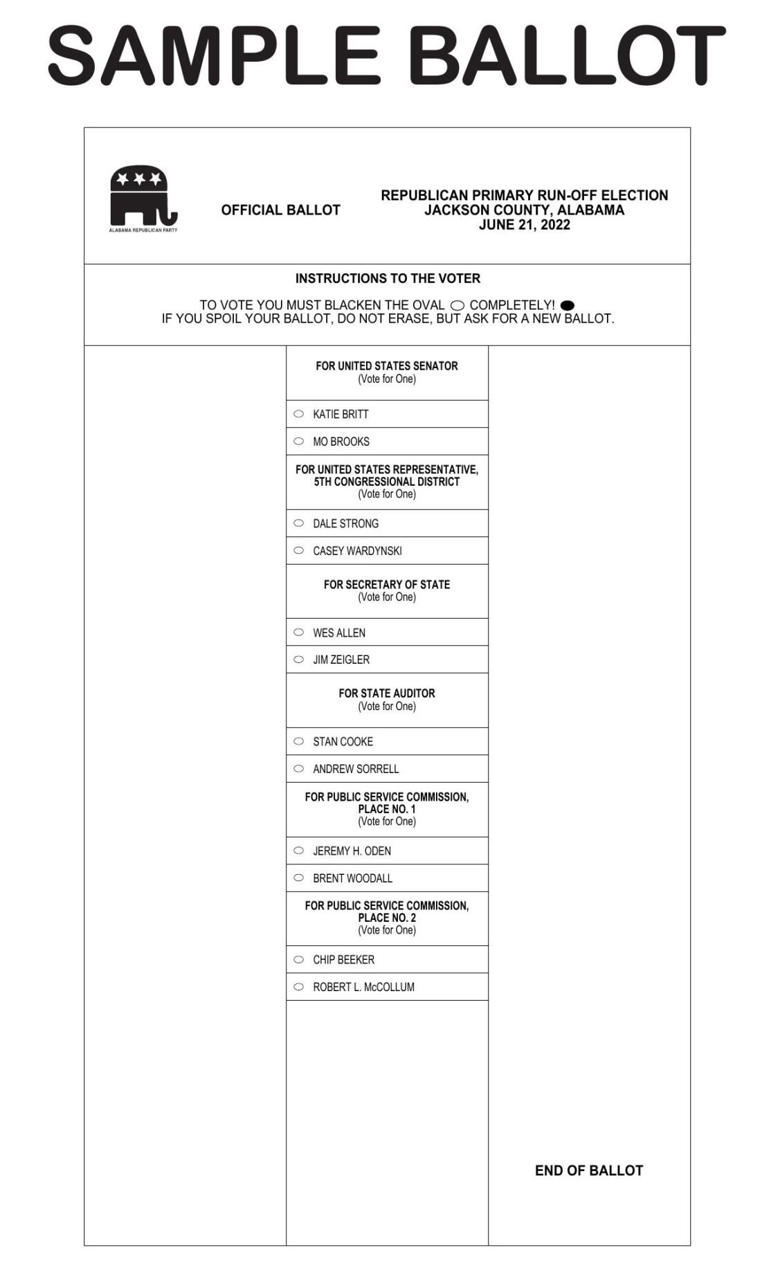 Jackson Co. June 21 Primary Runoff Election Sample Ballot Republican