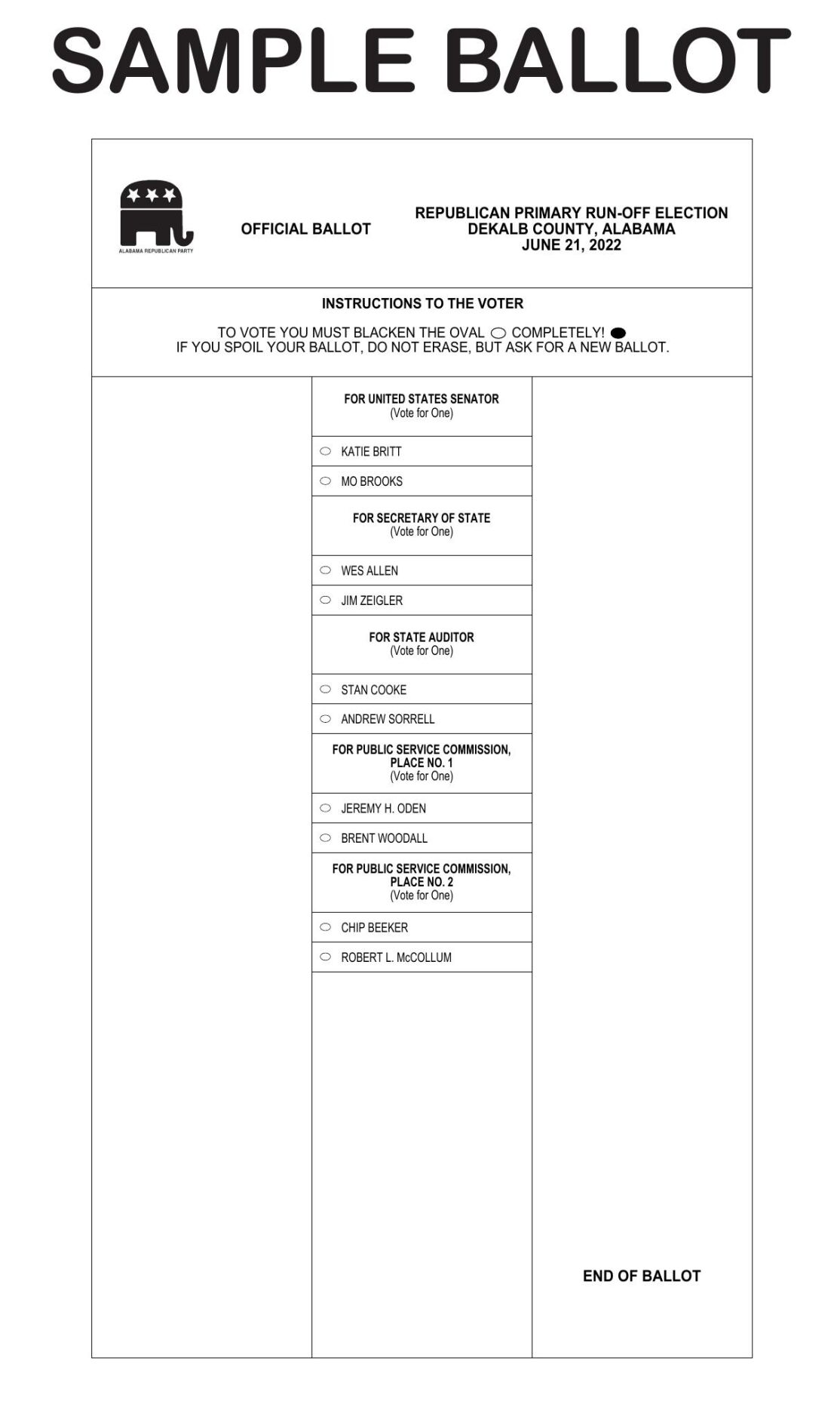 DeKalb Co. June 21 Primary Runoff Election Sample Ballot Republican