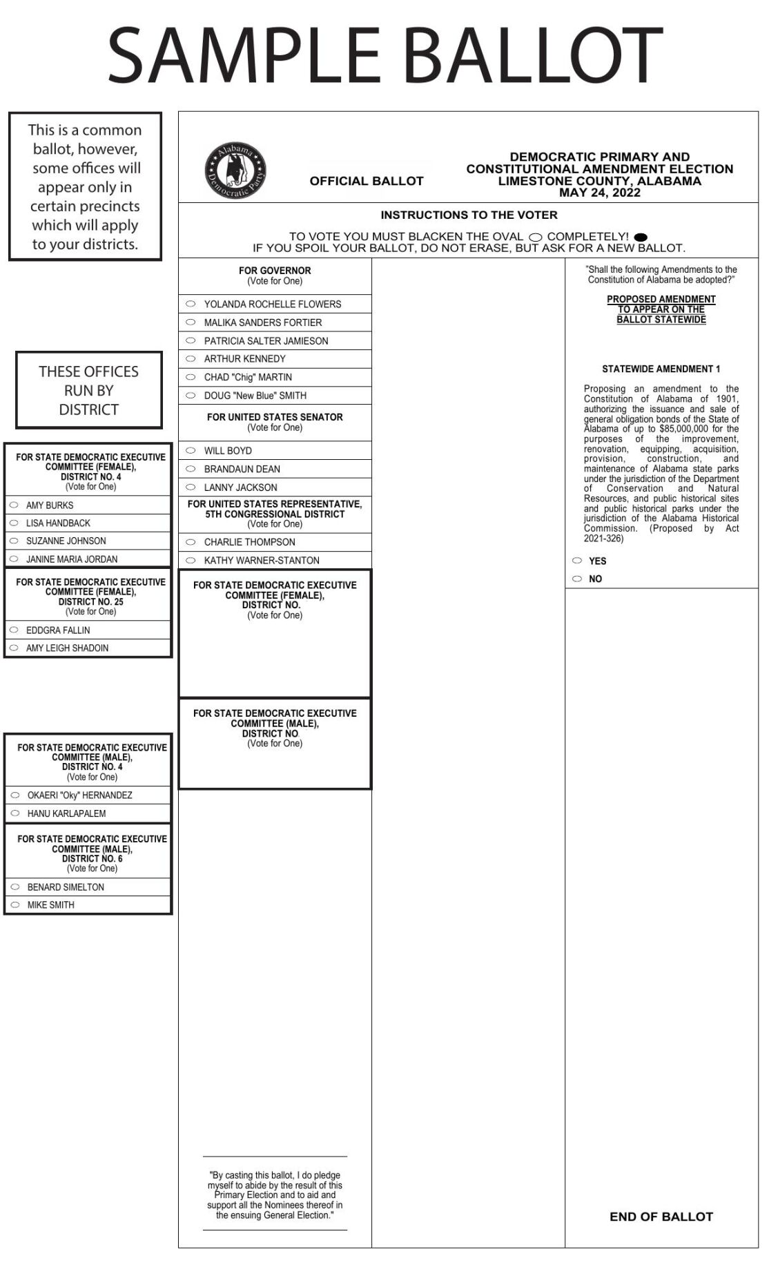 Limestone County Sample Democratic Ballot May 2022