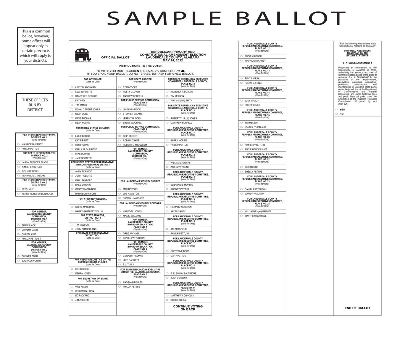 Lauderdale County Sample Republican Ballot May 2022