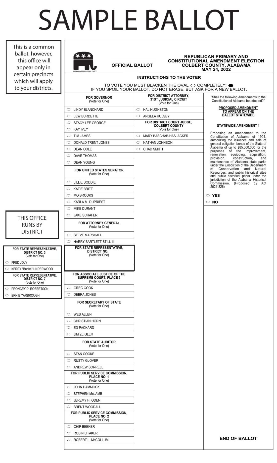 Colbert County Sample Republican Ballot May 2022