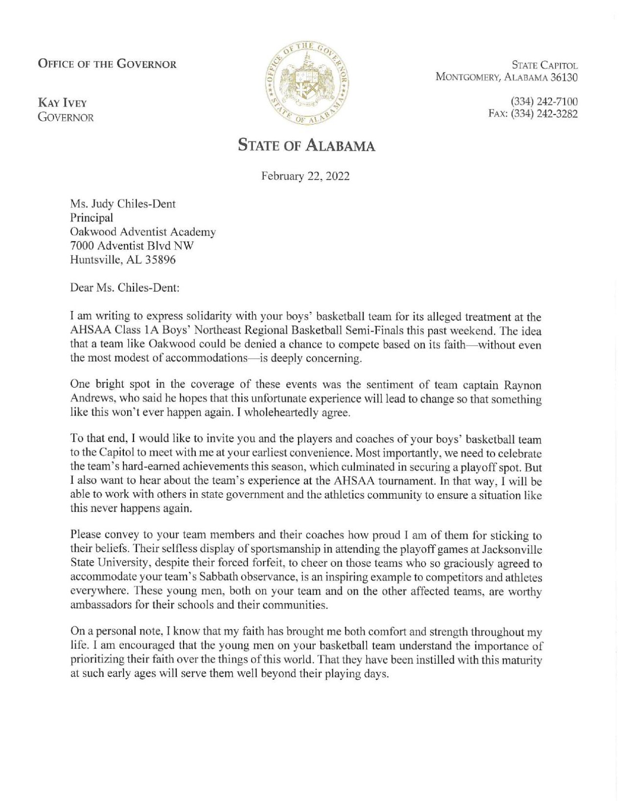 Gov. Kay Ivey letter to Oakwood Adventist Academy