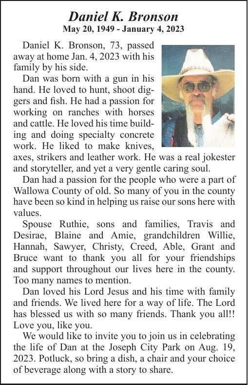 Obituary Daniel K. Bronson May 20 1949 January 4 2023