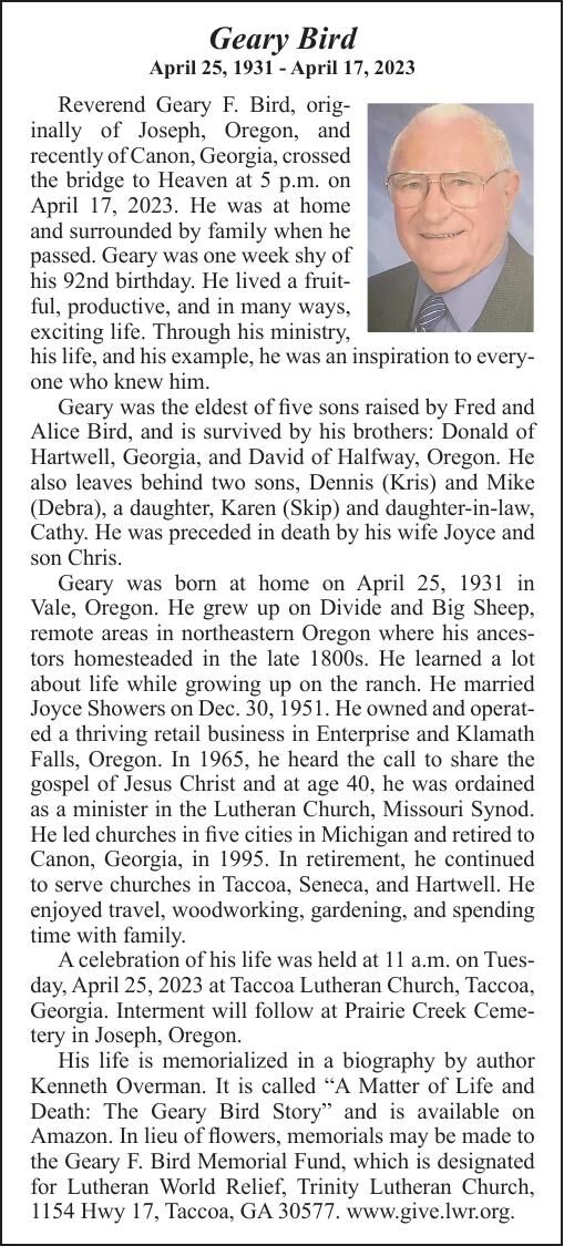 Obituary: Geary Bird  April 25, 1931 - April 17, 2023