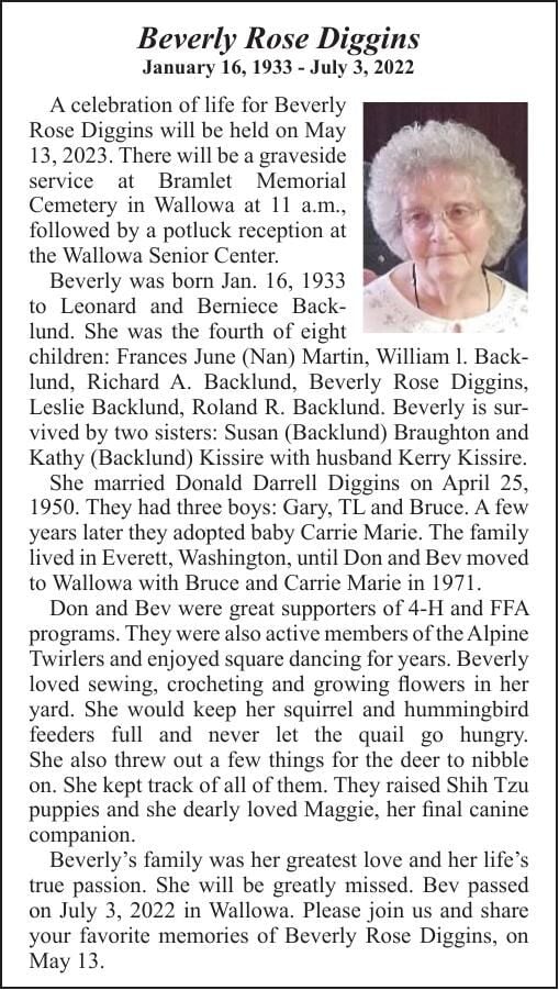 Obituary: Beverly Rose Diggins, Jan 16, 1933   July 3, 2022