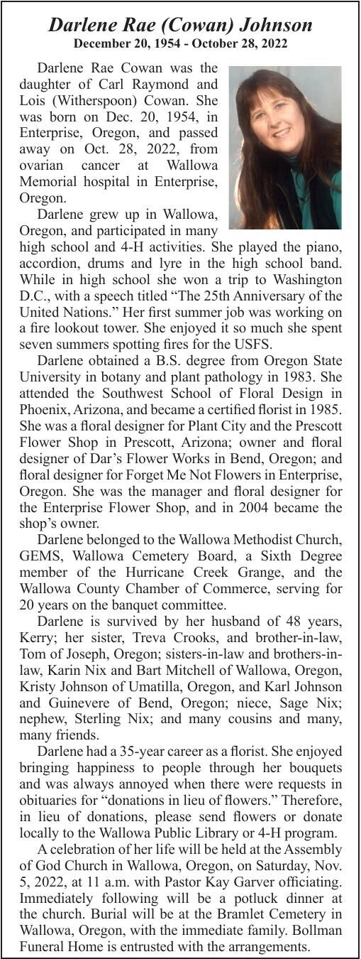 Obituary: Darlene Rae (Cowan) Johnson, December 20, 1954 - October 28, 2022
