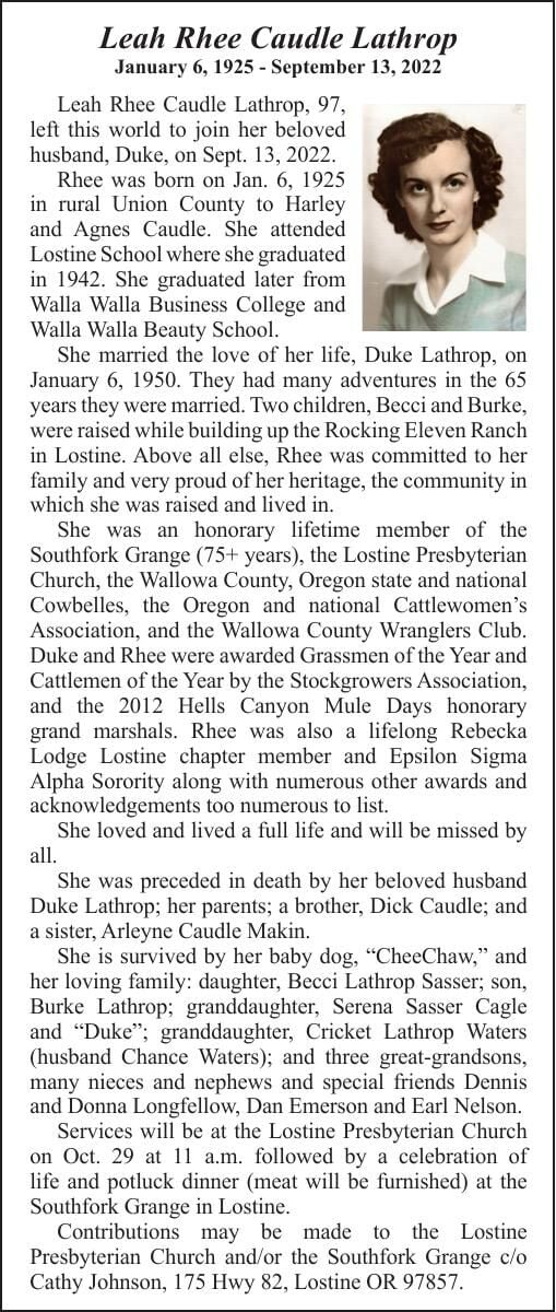 Obituary: Leah Rhee Caudle Lathrop, January 6, 1925 - September 13, 2022