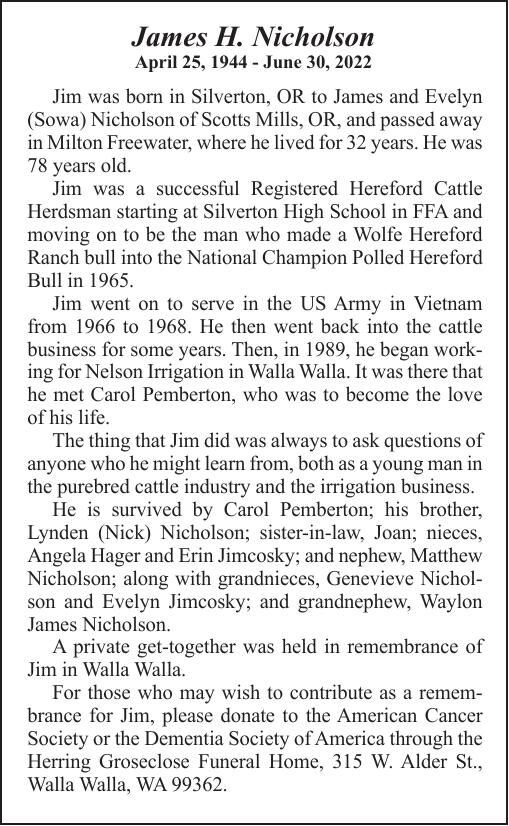 Obituary: James H. Nicholson, April 25, 1944 - June 30, 2022