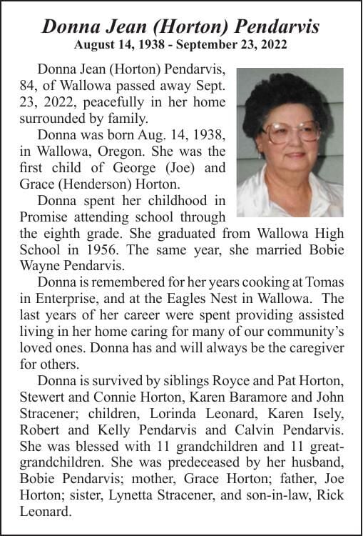 Obituary: Donna Jean (Horton) Pendarvis, August 14, 1938 - September 23, 2022