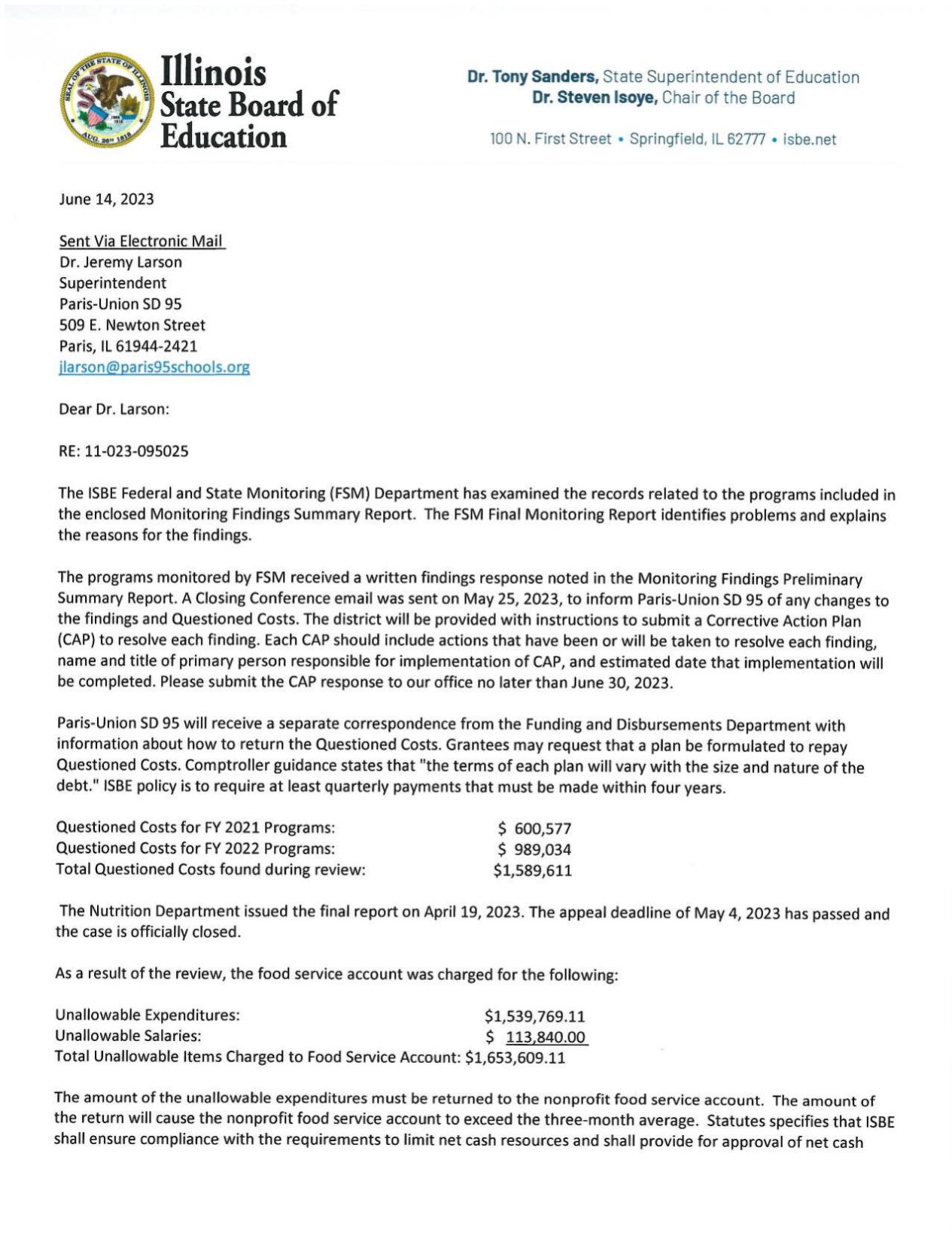 Paris Union School District 95 ISBE Report