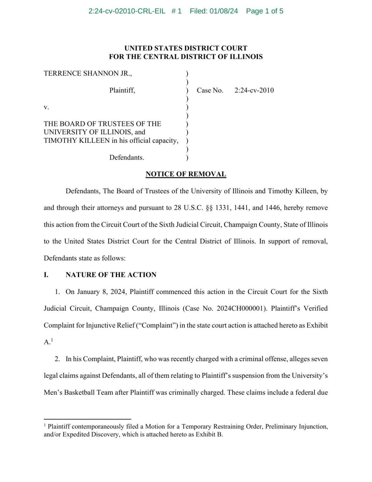 U of I Notice of Removal