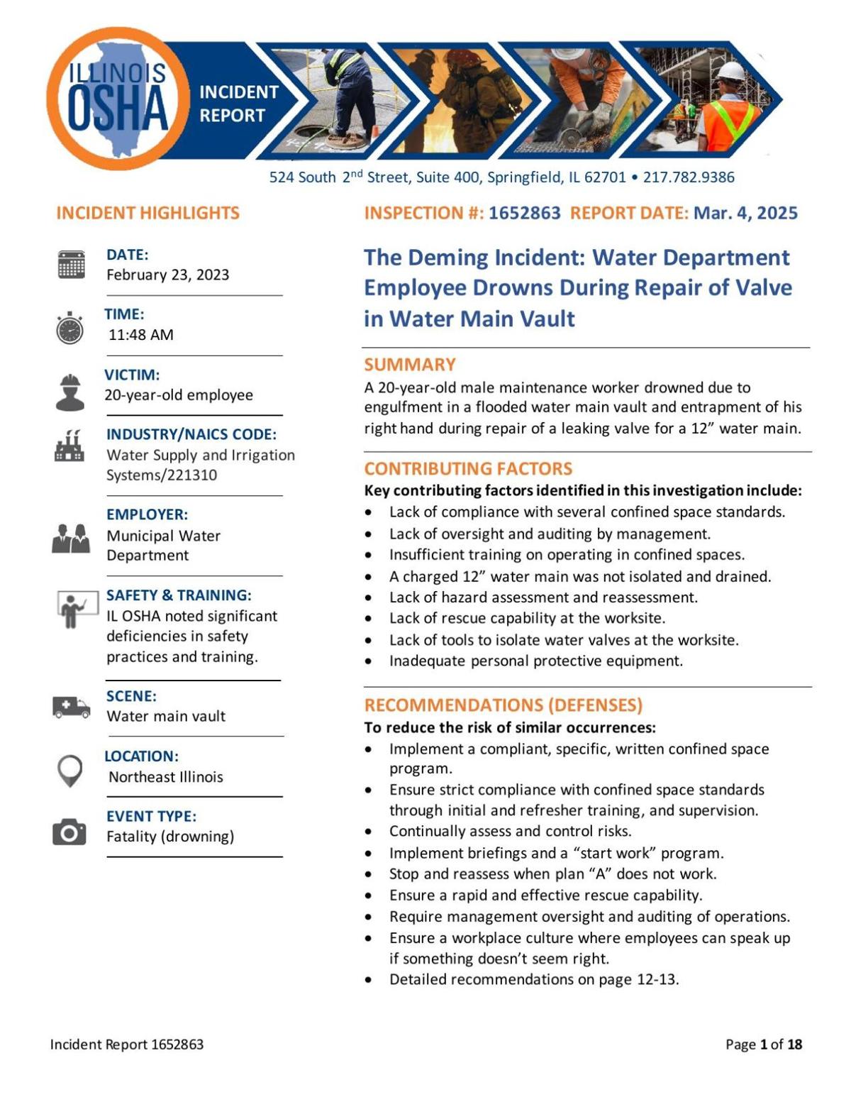 OSHA, IDOL, Water Department Employee Drowning Report