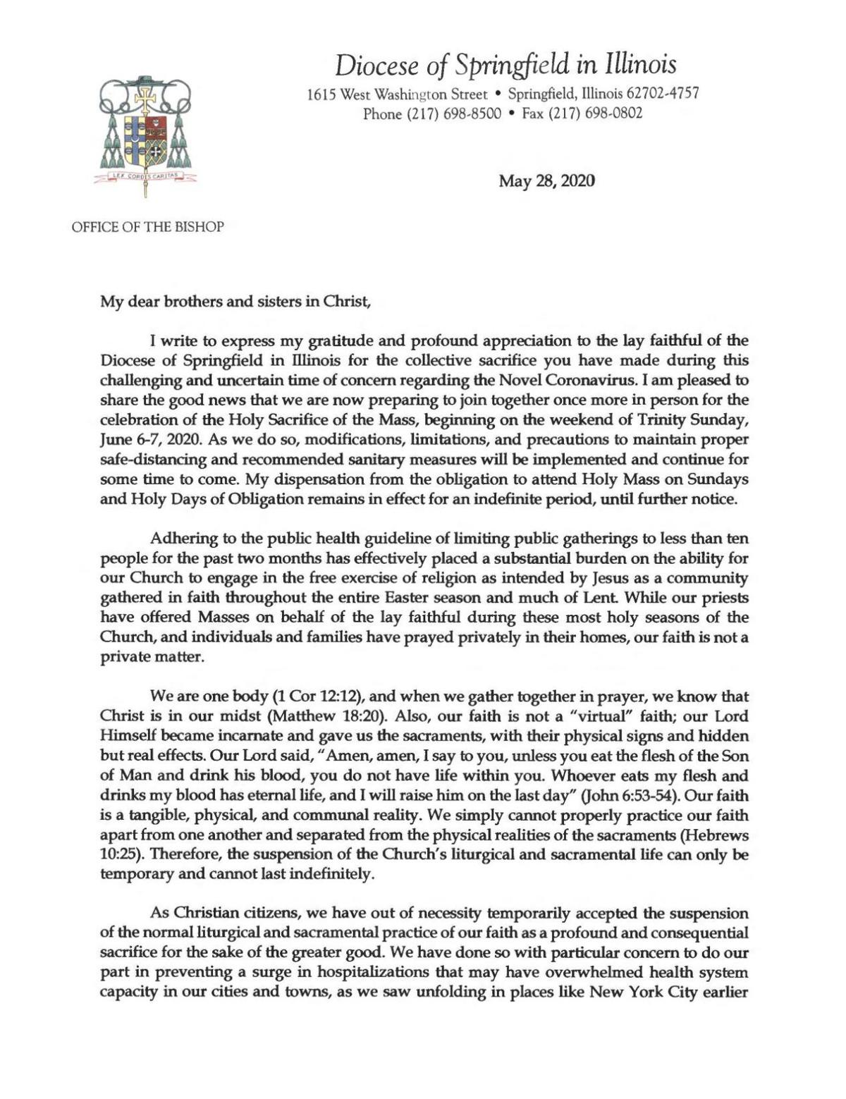 Bishop Thomas Paprocki letter - 5/28/2020