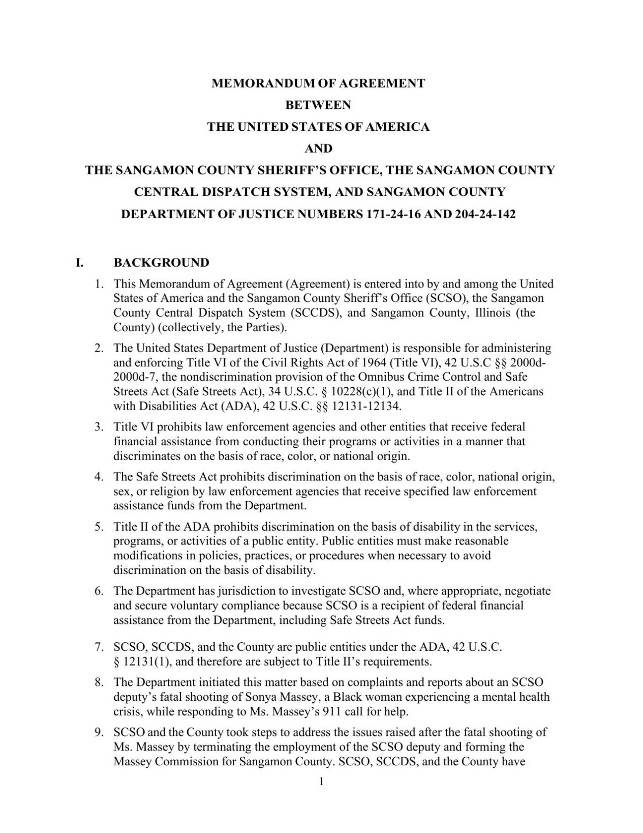 Sangamon County, Department of Justice Memorandum