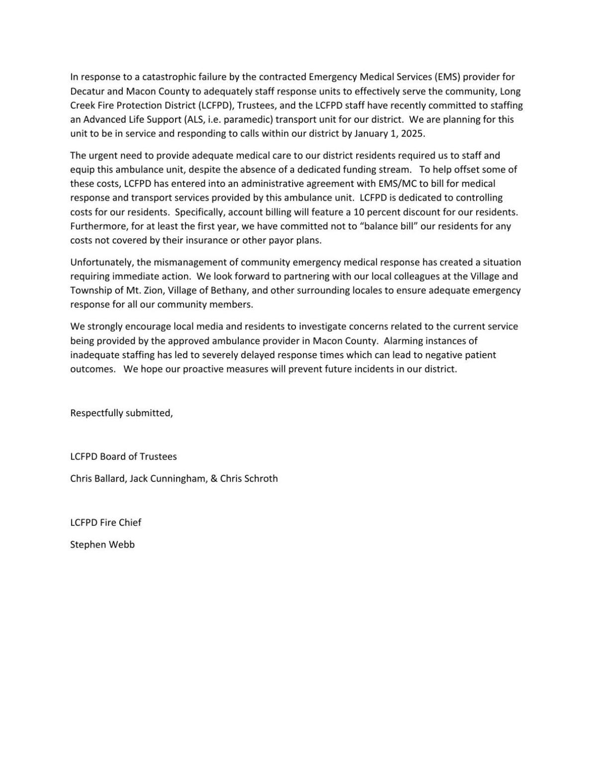 LCFPD response to EMS staff response times