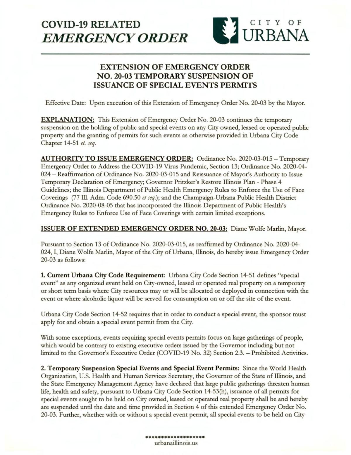 Emergency Order 20-03 extension - Urbana