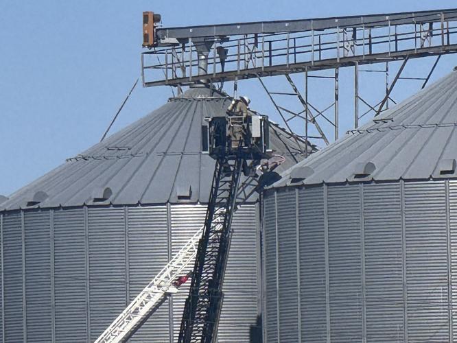 Ladder truck used to examine grain bin at Coles Station