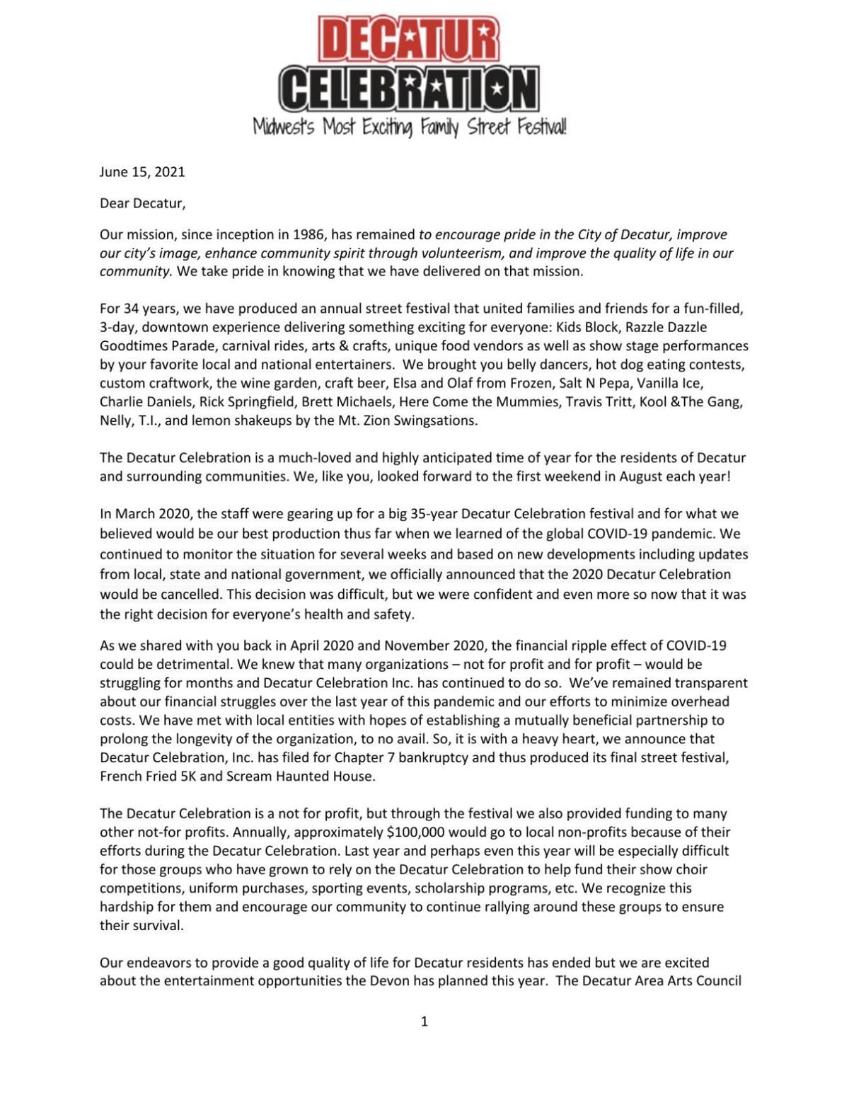 Decatur Celebration Inc. bankruptcy statement