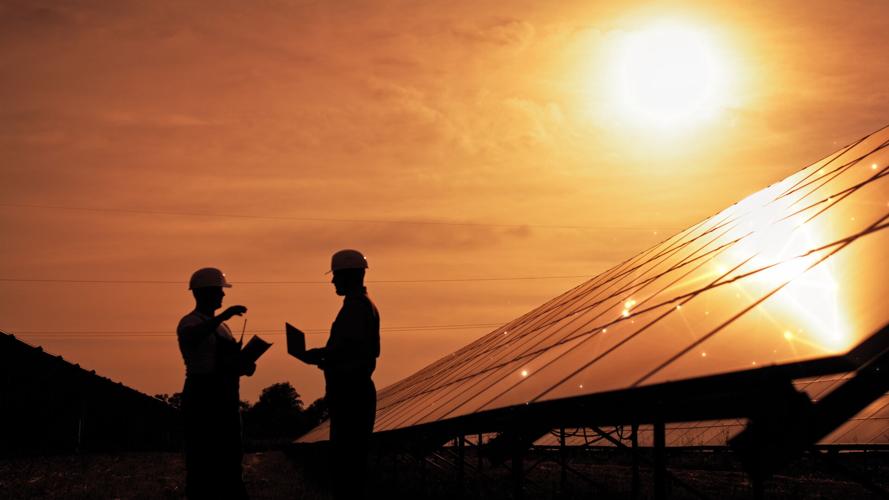 Solar farm at sunset