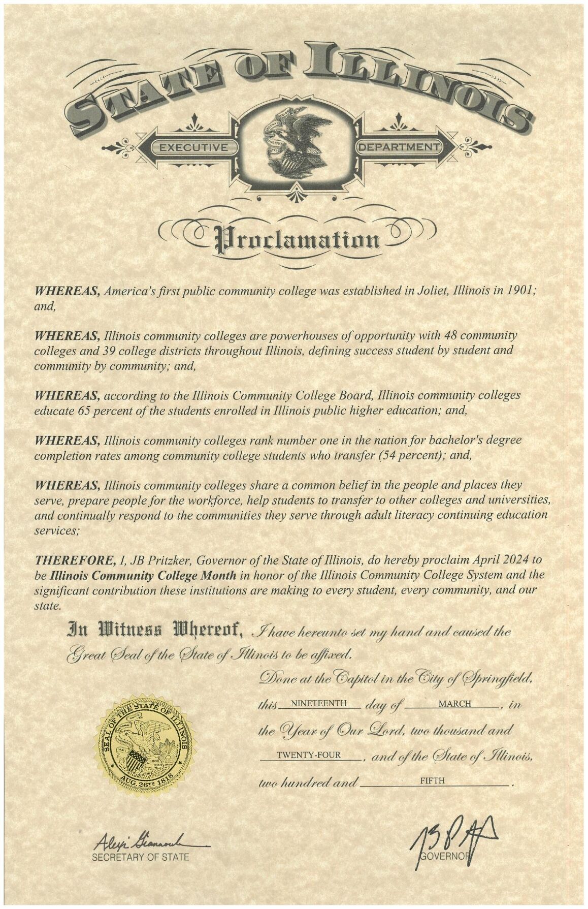 2024 Illinois Community College Month  Gubernatorial Proclamation