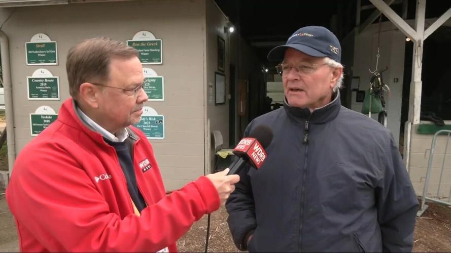 Eric Crawford talks about Chief Wallabee with Bill Mott ahead of Kentucky Derby