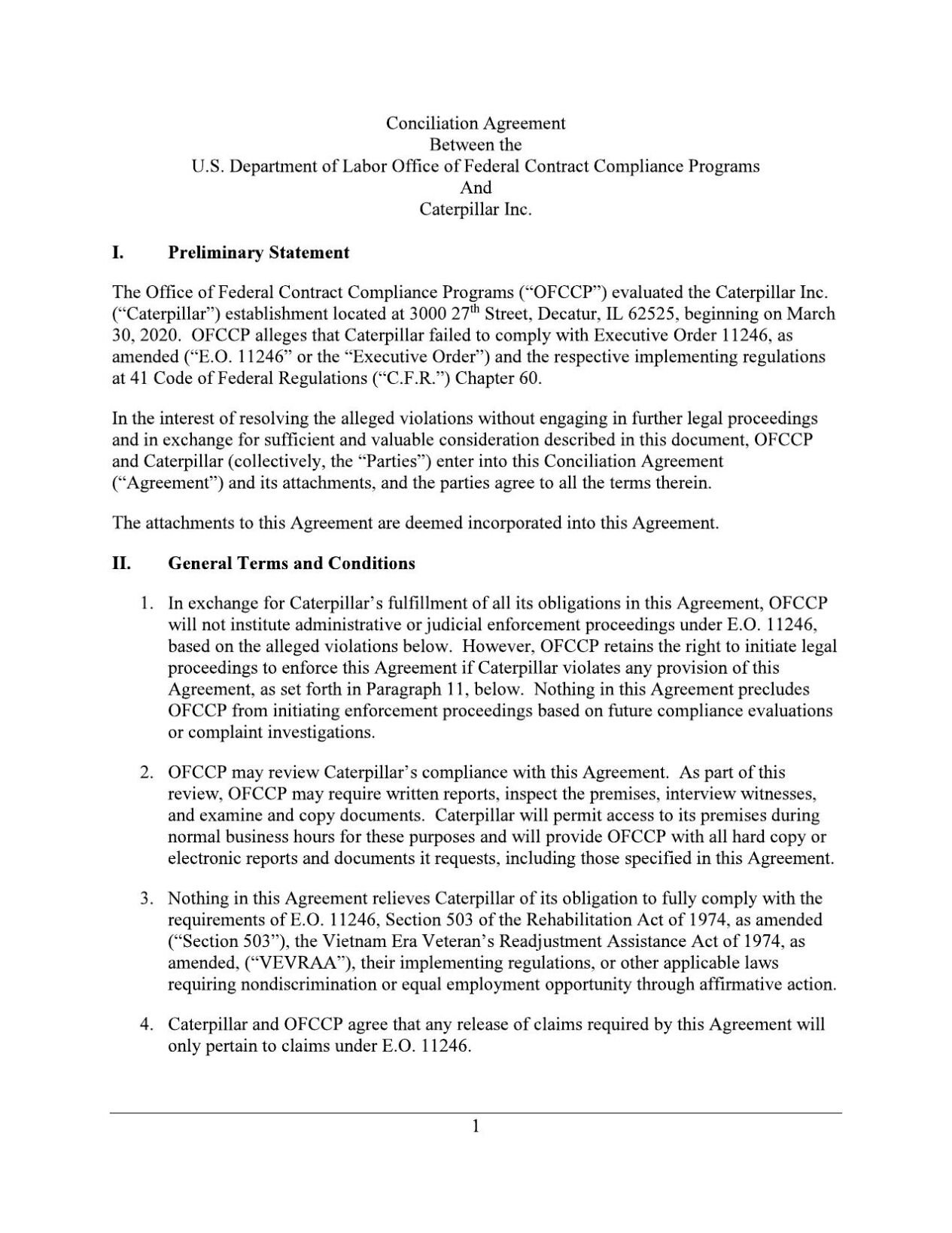 Caterpillar conciliation agreement with Office of Federal Contract Compliance Programs