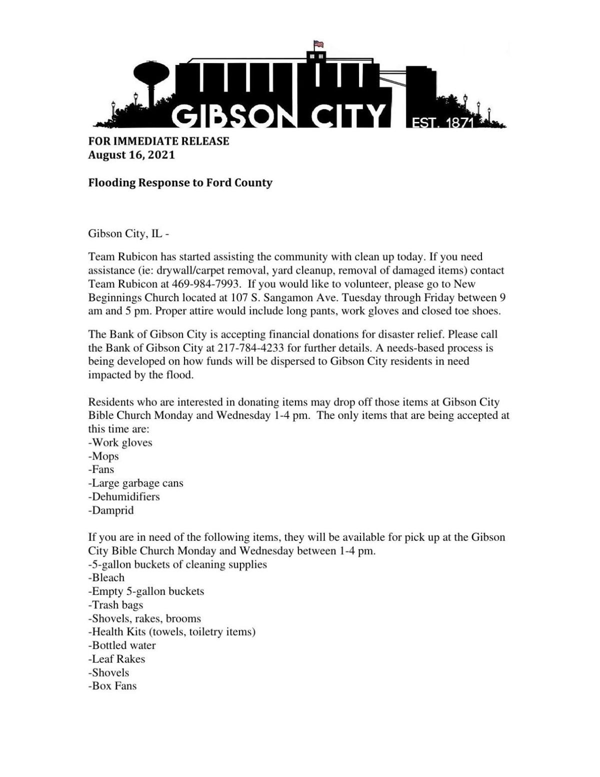 Gibson City donation needs