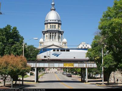 Amtrak passing the Illinois State Capitol