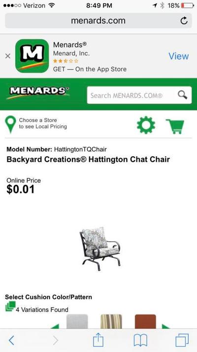 Menards Website Glitch Chair Falsely Labeled As 0 01 Top