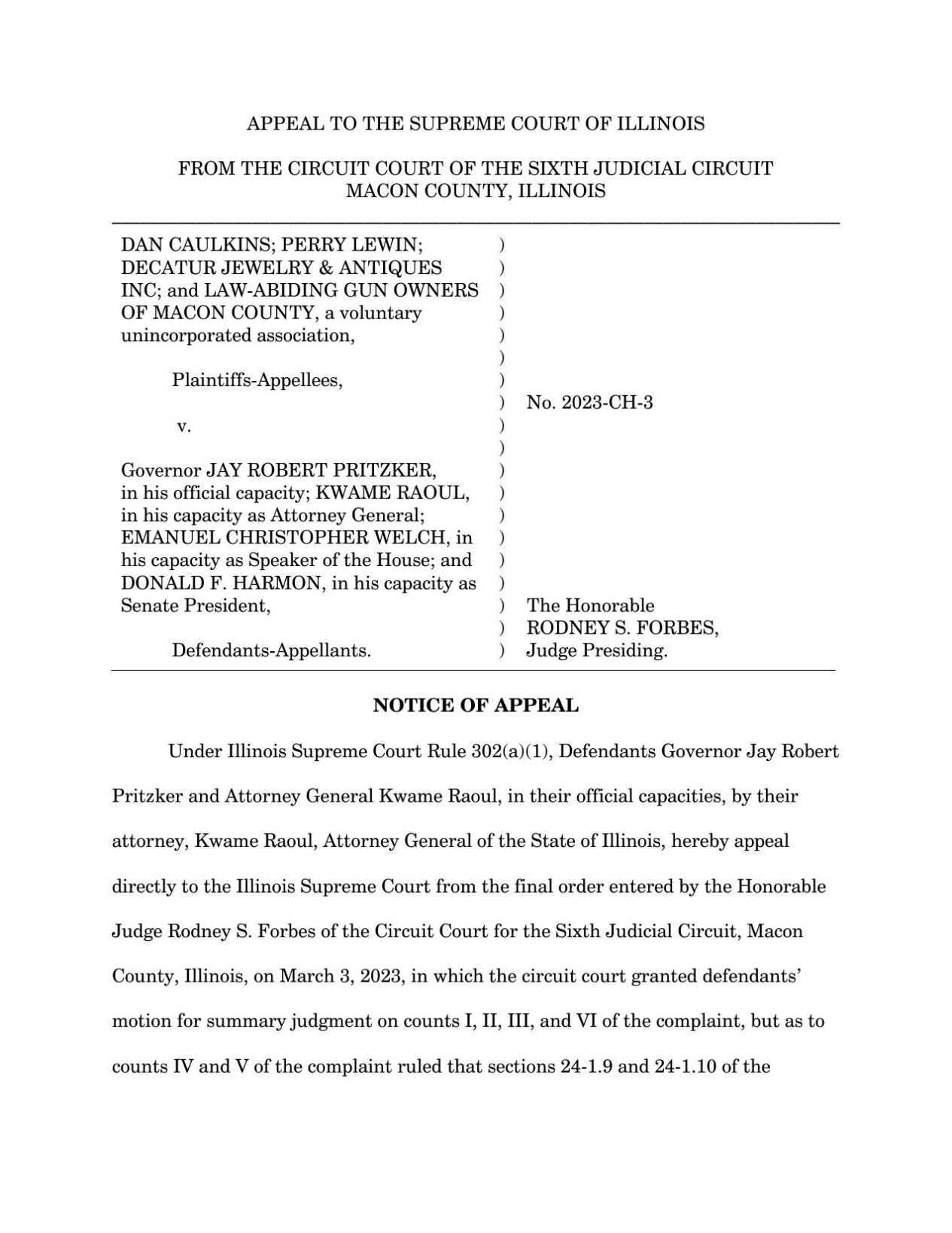 Caulkins v. Pritzker Notice of Appeal
