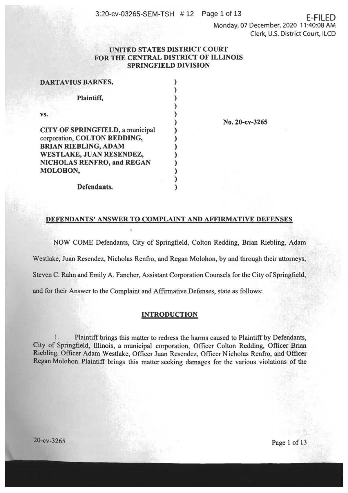 City of Springfield response to Barnes lawsuit