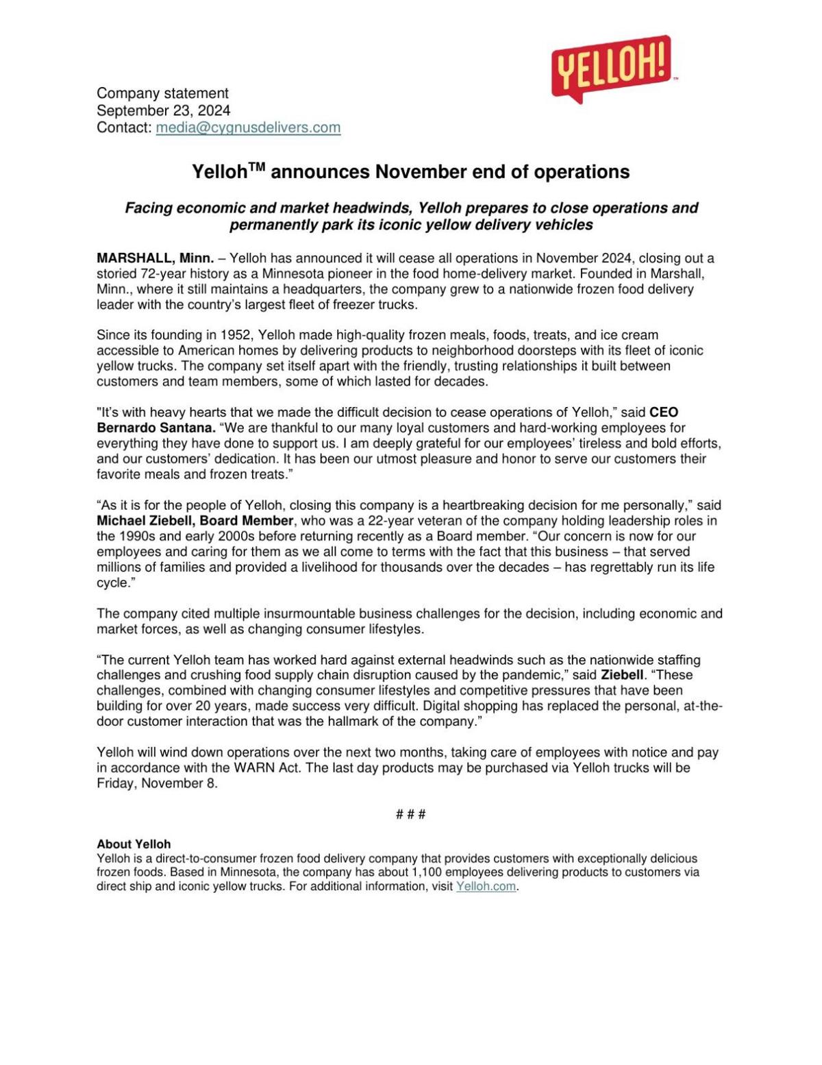 Statement from Yelloh