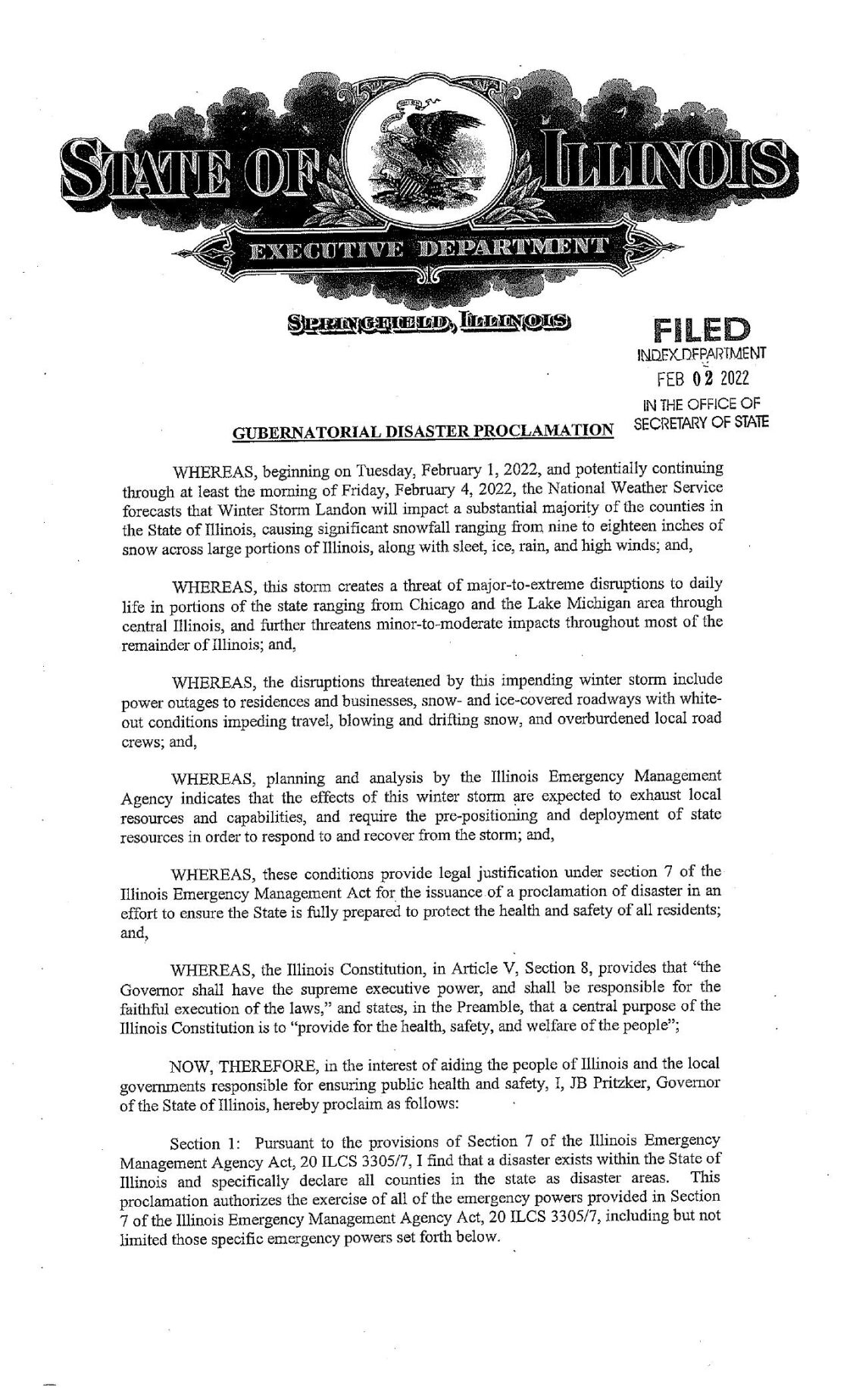 Disaster proclamation - 2/1/2022