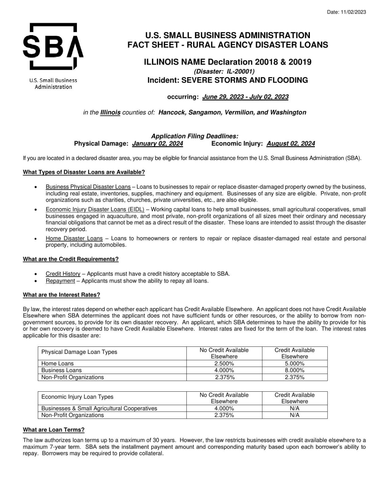 SBA - Rural Agency Disaster Loans Fact Sheet