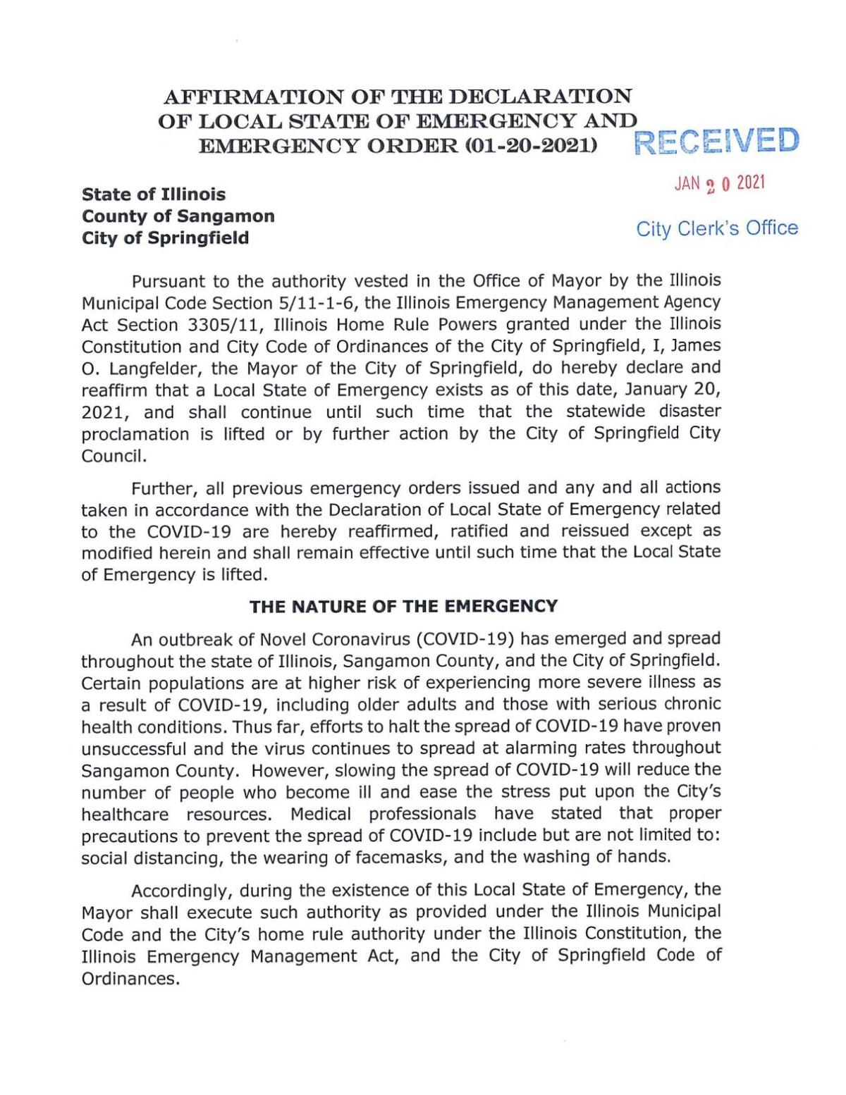Springfield reaffirms State of Emergency - 1/20/2021