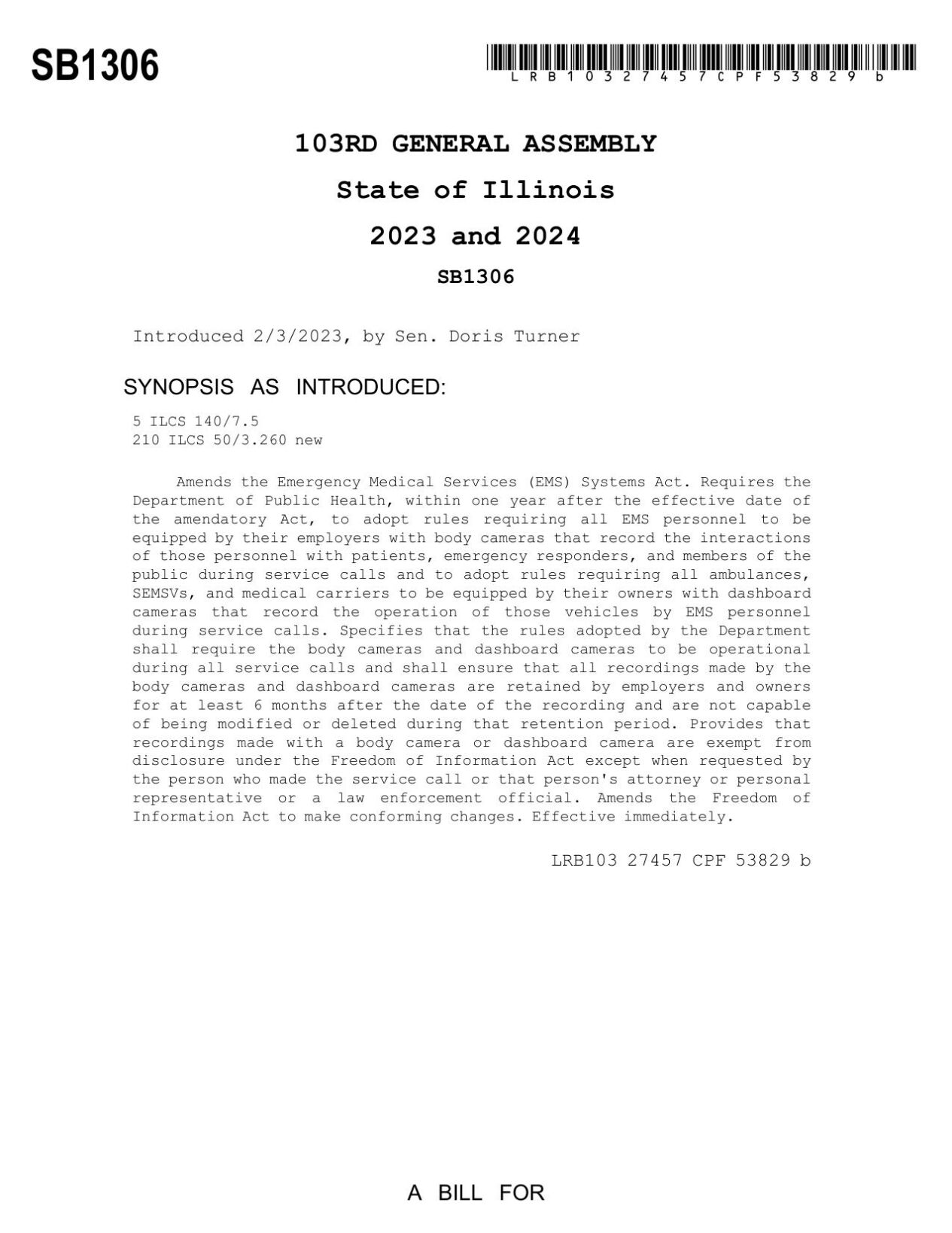 SB1306 Introduced 2/3/2023, by Sen. Doris Turner