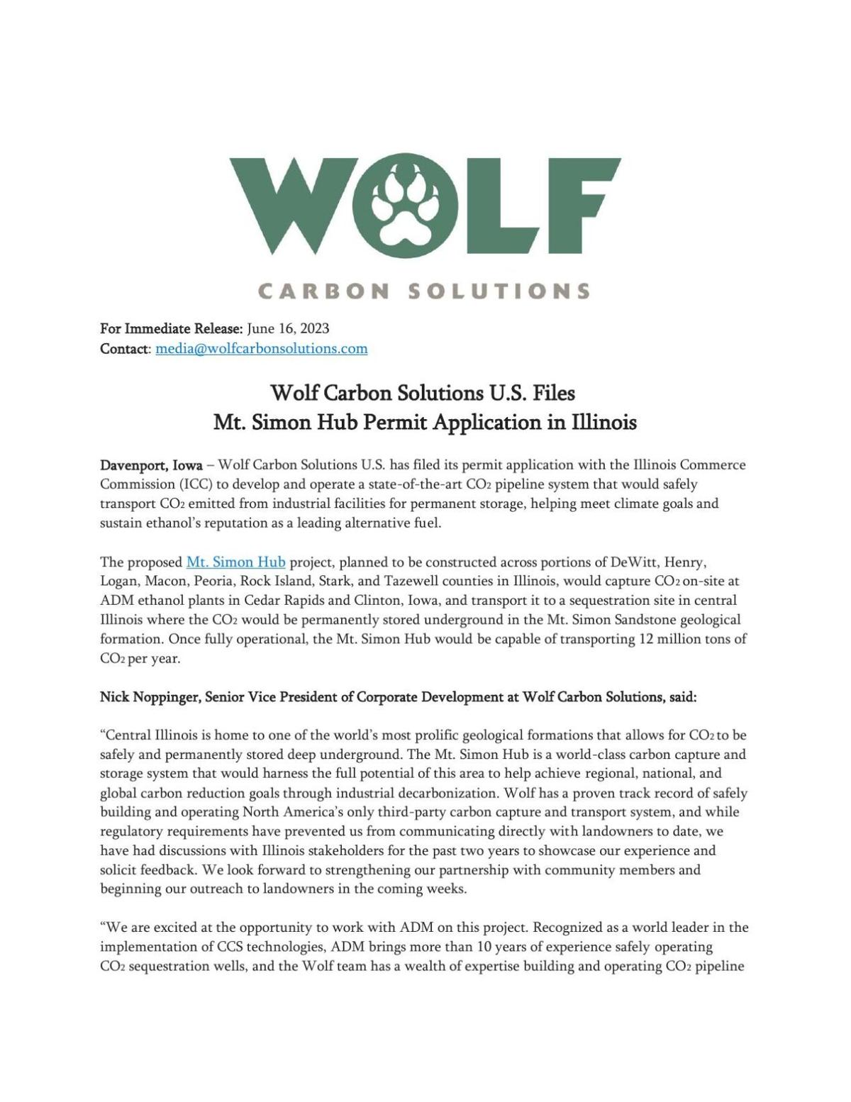 Wolf Carbon Solutions U.S. Files Mt. Simon Hub Permit Application in Illinois