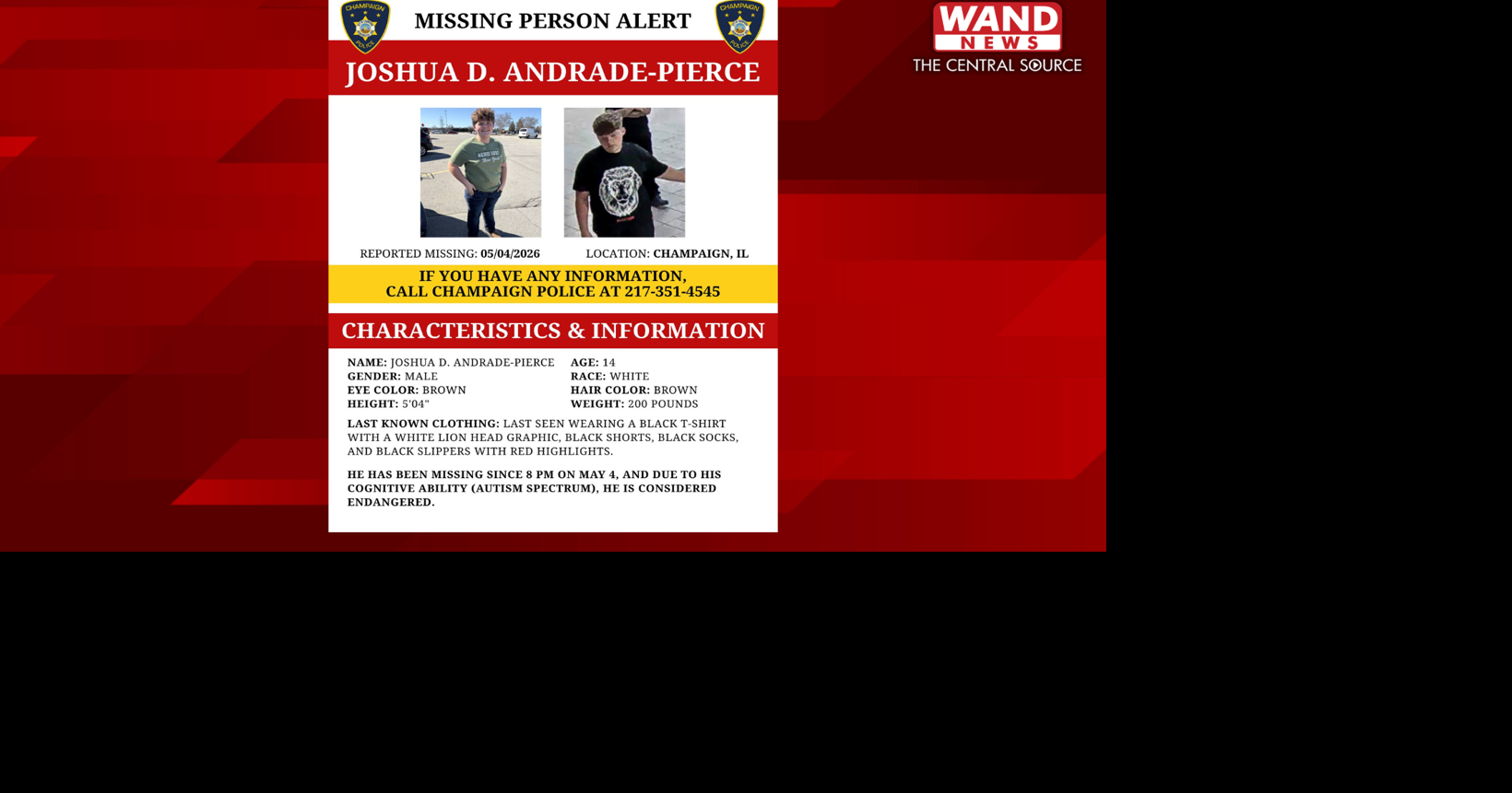 Champaign police seeking public's help finding missing, endangered 14-year-old boy
