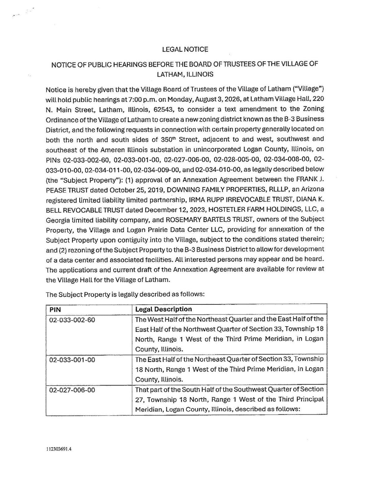 Latham notice of public hearings before the board