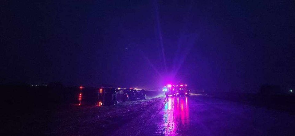 Truck tractor semi trailer overturned on Route 121